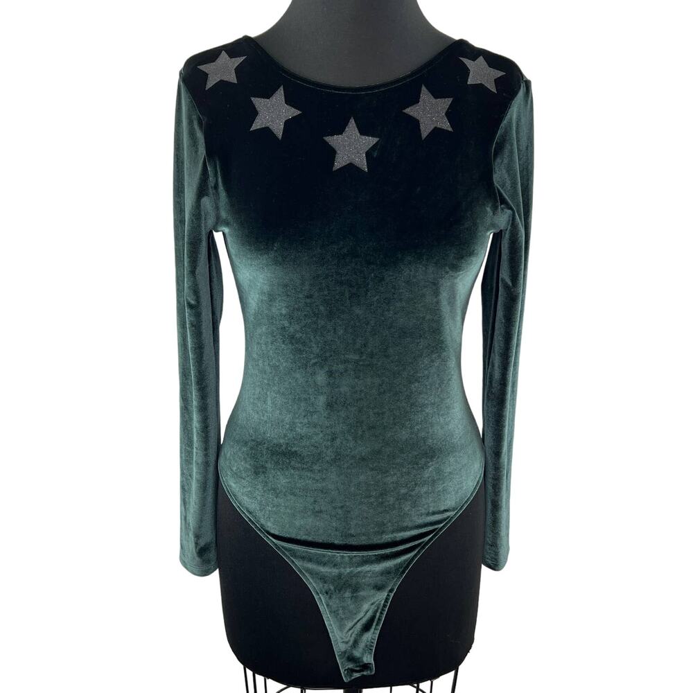 Victoria's Secret Sport Green Velvet Silver Glitter Stars Bodysuit One Piece S